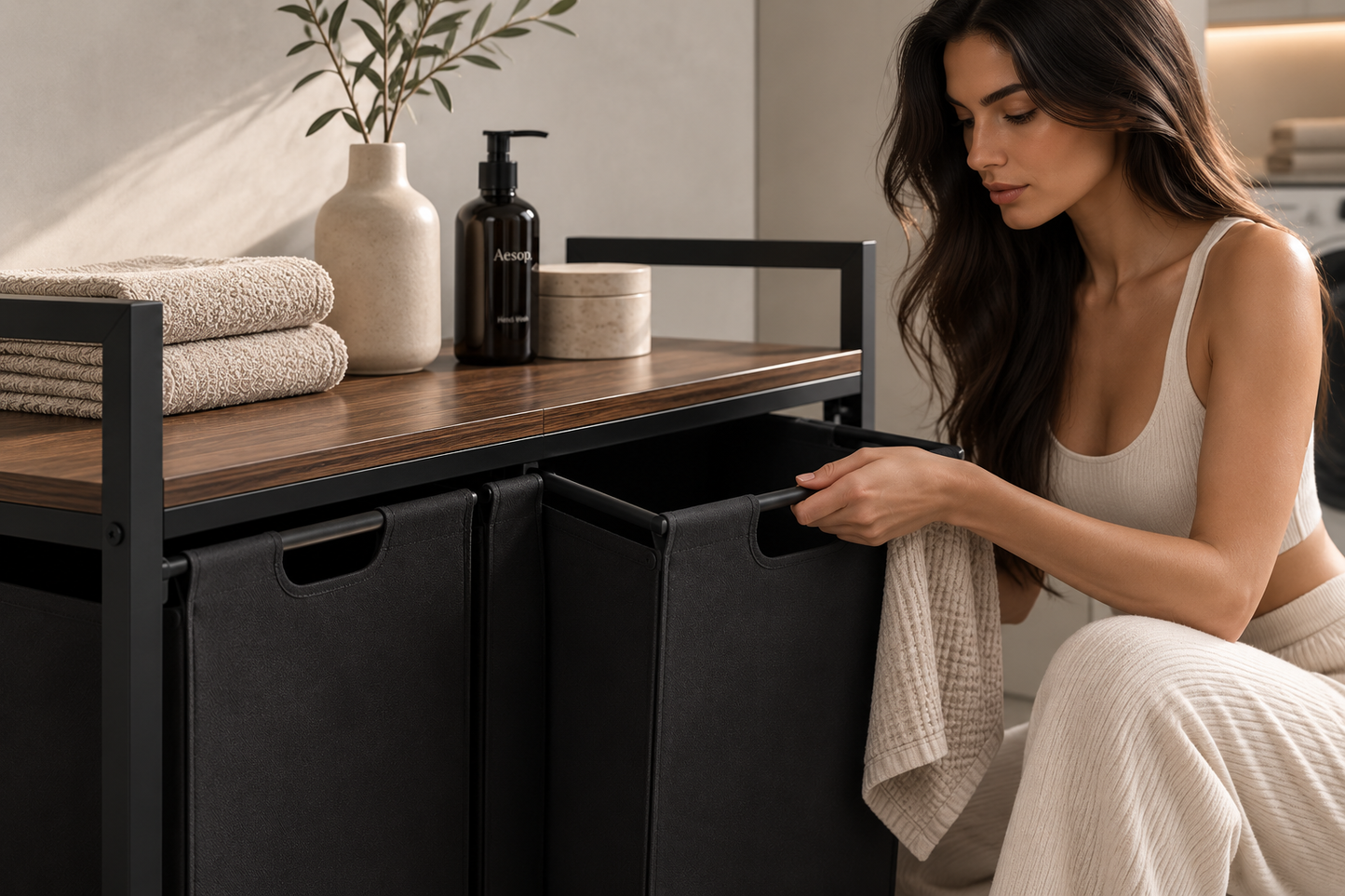 ASCEND 21 Nordic Sort – Wäschekorb mit 3 Fächern und Ablage – Moderner Wäschesammler mit herausnehmbaren Wäschesäcken – Metallgestell & Holzoptik – Platzsparender Wäschesortierer für Bad und Waschküche