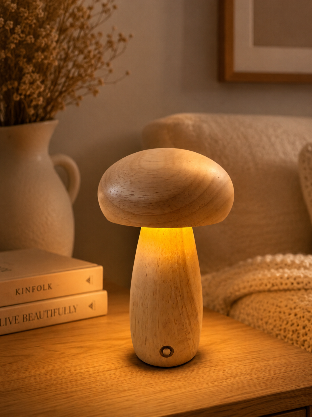 ASCEND 21 Mini Pilzlampe Natural Light – LED Tischlampe in Holzoptik, dimmbar mit 3 Lichtfarben, Retro Pilzlampe als Nachttischlampe, Nachtlicht & Wohnzimmer Deko