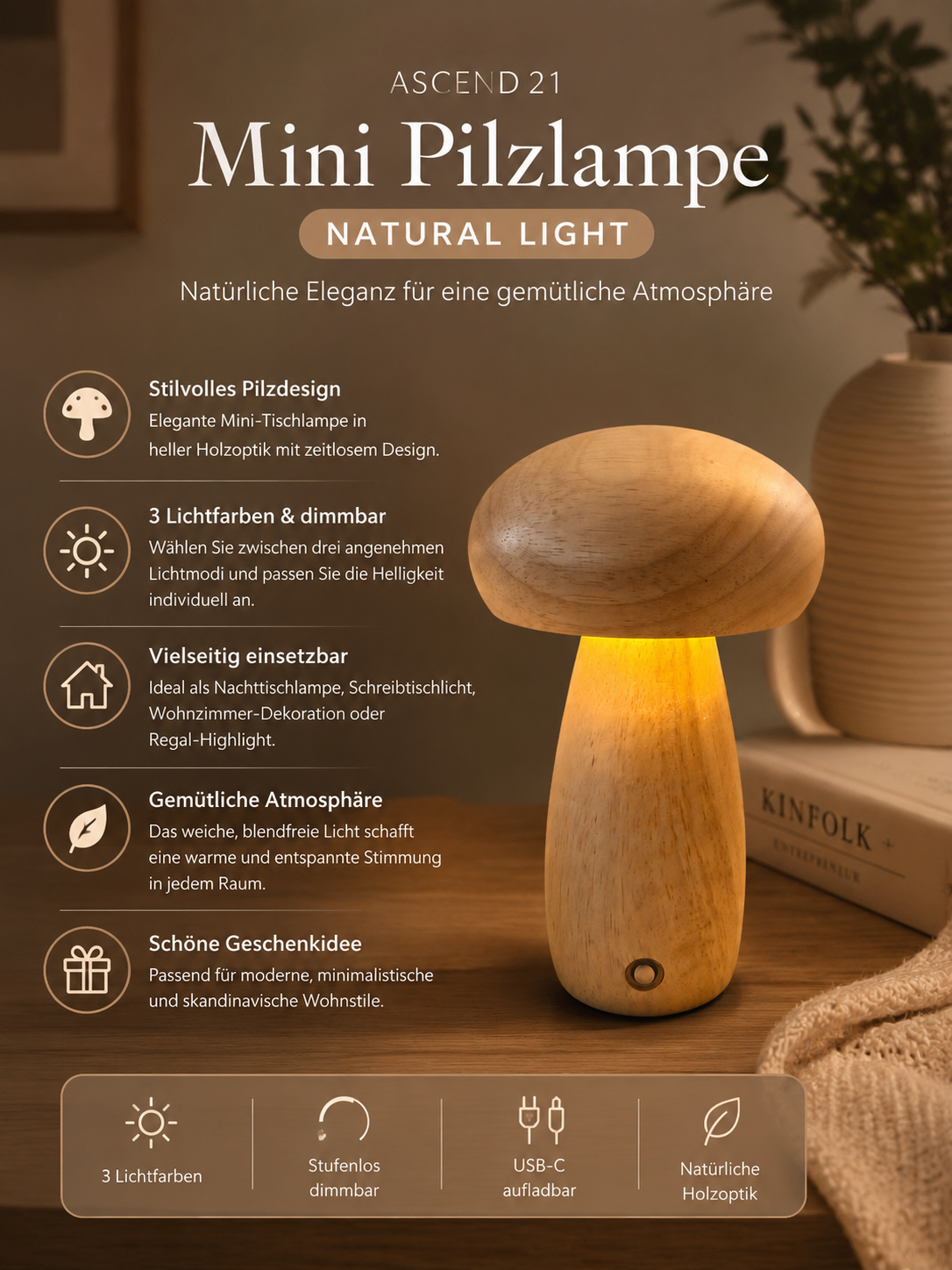 ASCEND 21 Mini Pilzlampe Natural Light – LED Tischlampe in Holzoptik, dimmbar mit 3 Lichtfarben, Retro Pilzlampe als Nachttischlampe, Nachtlicht & Wohnzimmer Deko