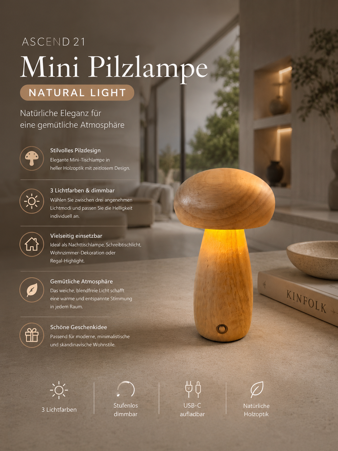 ASCEND 21 Mini Pilzlampe Natural Light – LED Tischlampe in Holzoptik, dimmbar mit 3 Lichtfarben, Retro Pilzlampe als Nachttischlampe, Nachtlicht & Wohnzimmer Deko