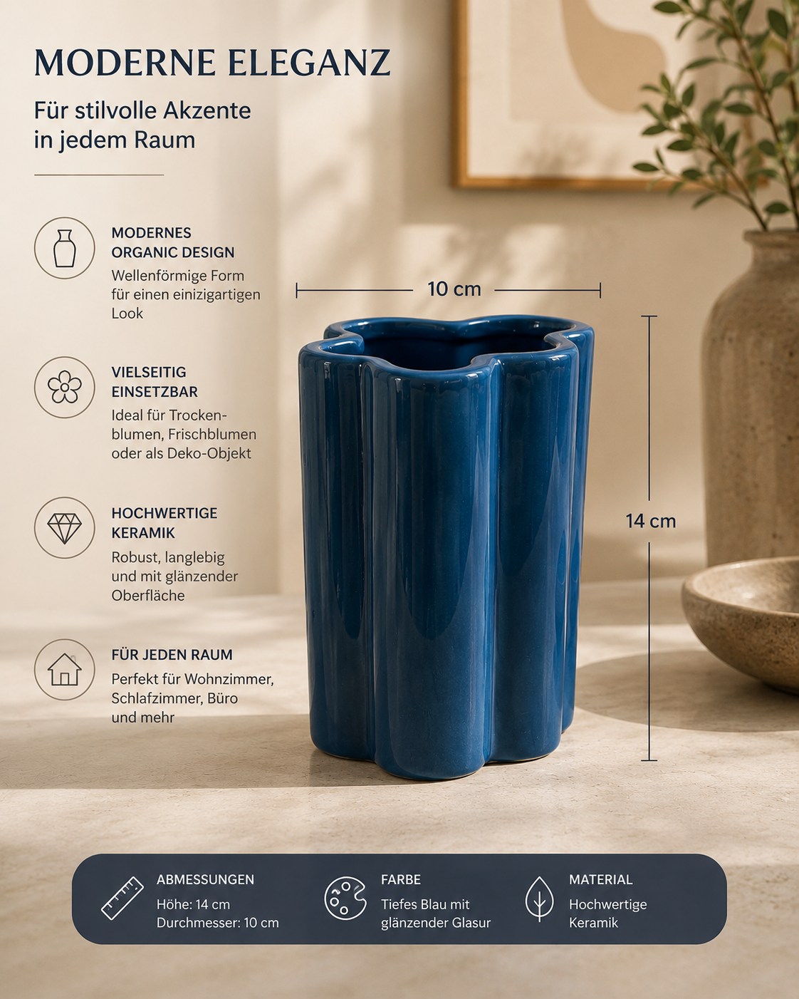 ASCEND 21 Azure Curve - Keramikvase Blau – Moderne Blumenvase im Organic Design, Dekovase für Trockenblumen & Frischblumen, Skandinavische Tischvase für Wohnzimmer, Schlafzimmer & Büro