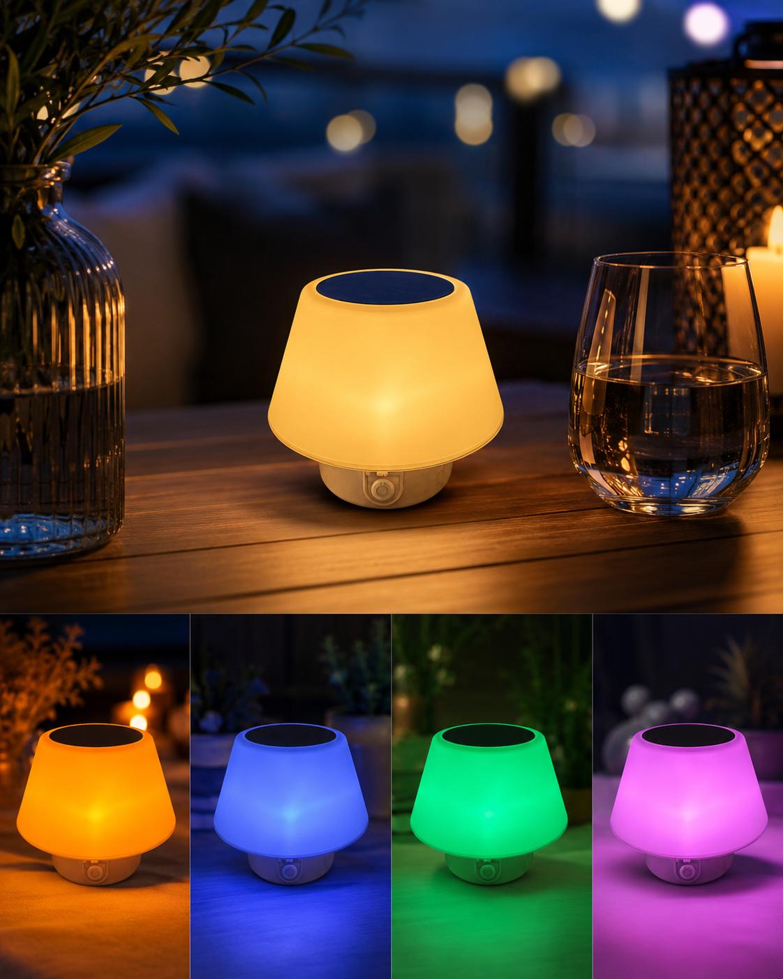 Solara Mini LED Solar-Tischlampe Weiß – Farbwechsel, USB-C-Kabel inklusive, Moderne Outdoor- & Indoor-Leuchte für Balkon, Terrasse, Garten und Schlafzimmer