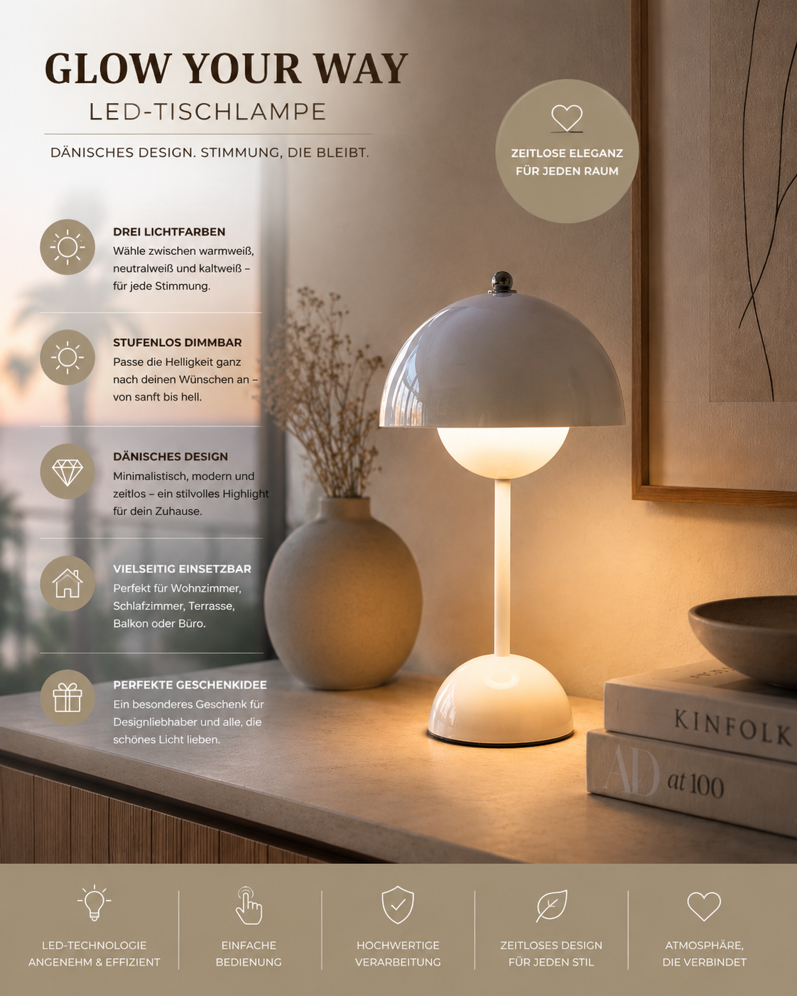 ASCEND 21 Glow Your Way LED-Tischlampe – Moderne Tischleuchte im dänischen Design, 3 Lichtfarben & stufenlos dimmbar, Ambientelicht für Wohnzimmer, Schlafzimmer & Terrasse