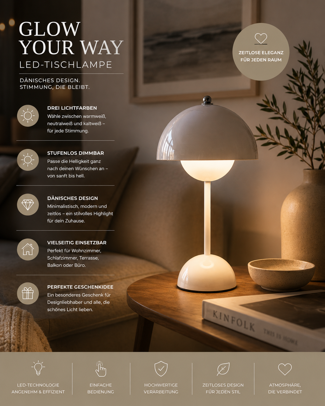 ASCEND 21 Glow Your Way LED-Tischlampe – Moderne Tischleuchte im dänischen Design, 3 Lichtfarben & stufenlos dimmbar, Ambientelicht für Wohnzimmer, Schlafzimmer & Terrasse
