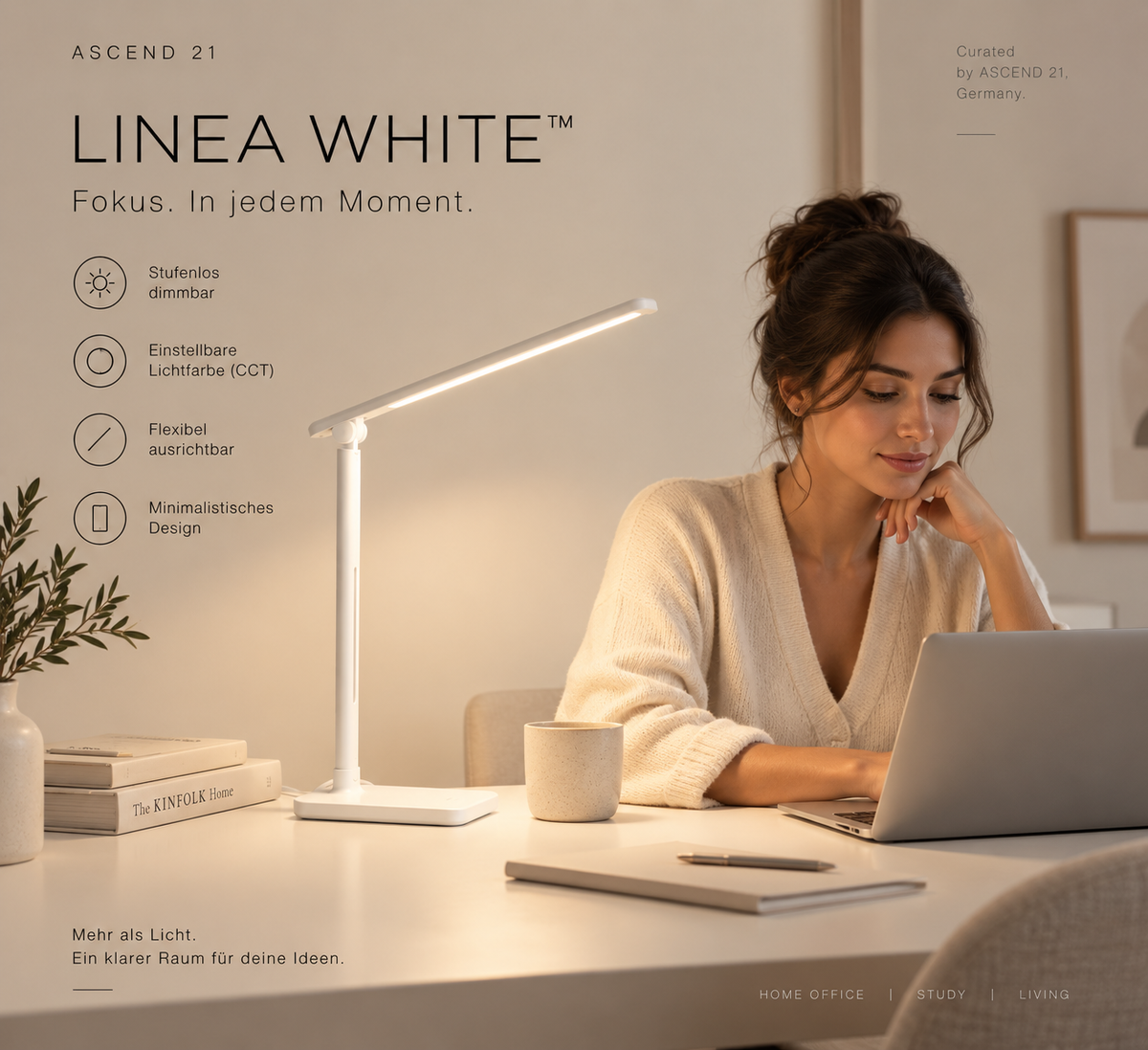 ASCEND 21 LINEA WHITE™ -- Minimalistische LED-Tischlampe in Weiß mit verstellbarem Design