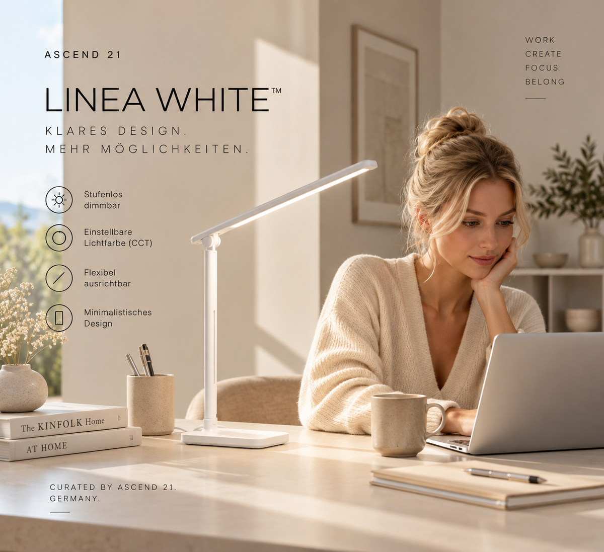 ASCEND 21 LINEA WHITE™ -- Minimalistische LED-Tischlampe in Weiß mit verstellbarem Design