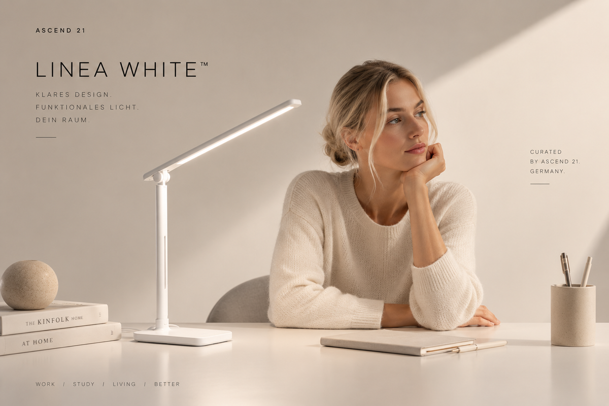 ASCEND 21 LINEA WHITE™ -- Minimalistische LED-Tischlampe in Weiß mit verstellbarem Design