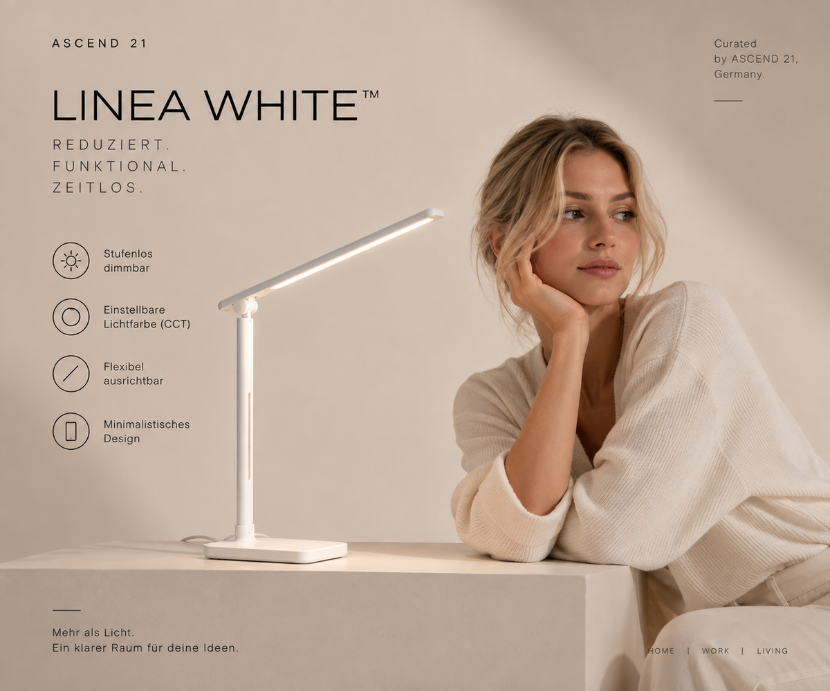 ASCEND 21 LINEA WHITE™ -- Minimalistische LED-Tischlampe in Weiß mit verstellbarem Design