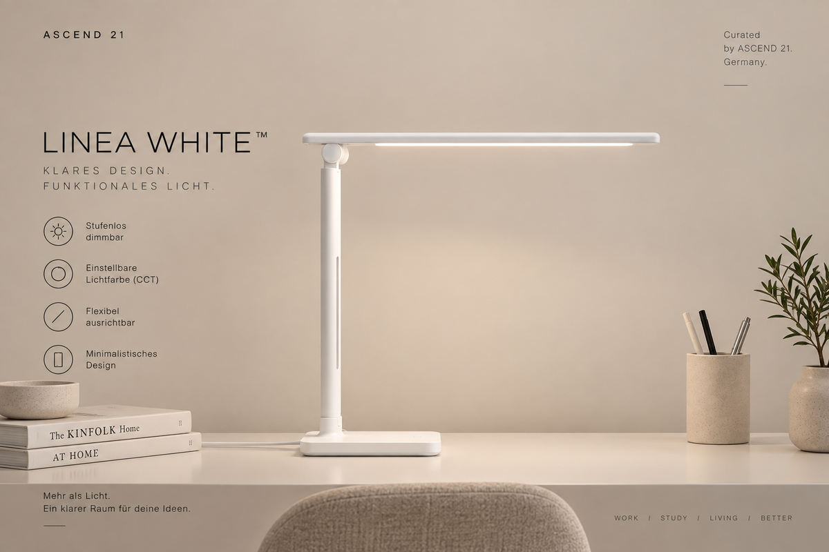 ASCEND 21 LINEA WHITE™ -- Minimalistische LED-Tischlampe in Weiß mit verstellbarem Design