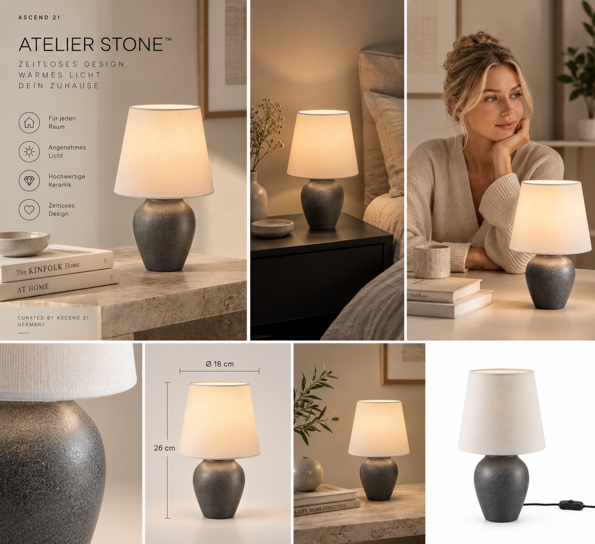 ASCEND 21 ATELIER STONE™ -- Design-Tischlampe mit Keramikfuß in Grau