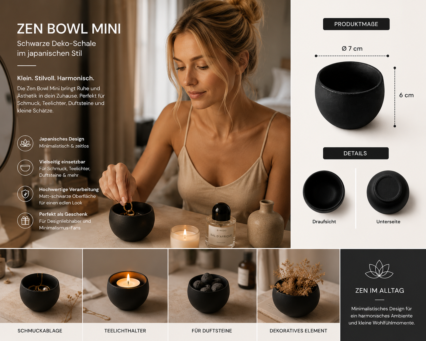 ASCEND 21 Zen Bowl Mini™ Schwarze Deko-Schale im japanischen Stil – kleine Design Schale für Schmuck, Teelichter & Dekoration | Minimalistische Japandi Ablage für Wohnzimmer, Bad & Schlafzimmer