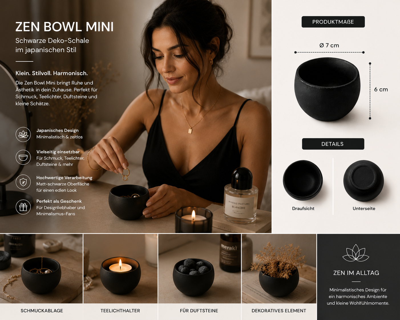 ASCEND 21 Zen Bowl Mini™ Schwarze Deko-Schale im japanischen Stil – kleine Design Schale für Schmuck, Teelichter & Dekoration | Minimalistische Japandi Ablage für Wohnzimmer, Bad & Schlafzimmer
