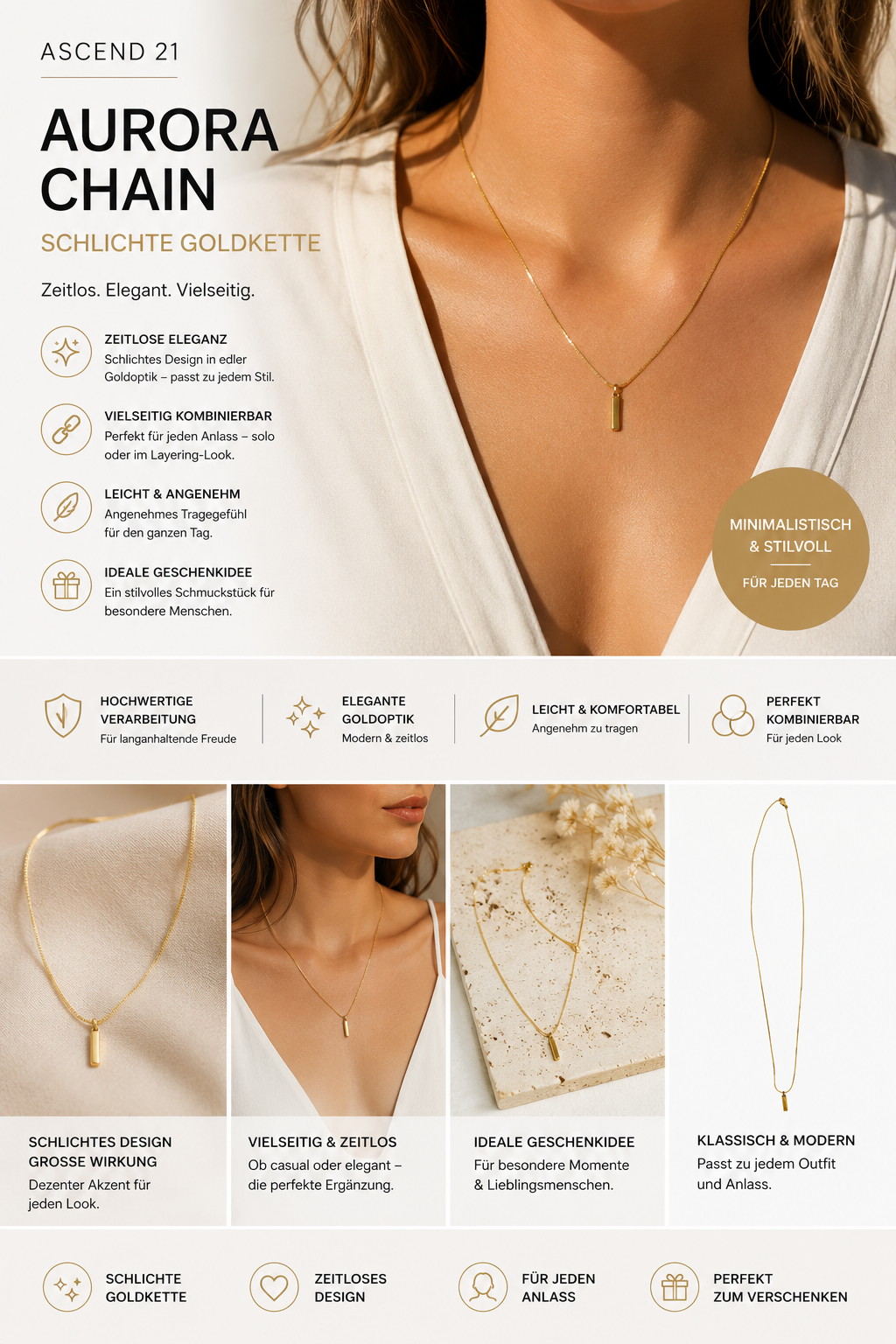 ASCEND 21 Aurora Chain Goldkette Damen – Schlichte Halskette in Goldoptik | Minimalistische Basic Kette für Alltag & elegante Outfits | Zeitloses Schmuck Accessoire für Damen