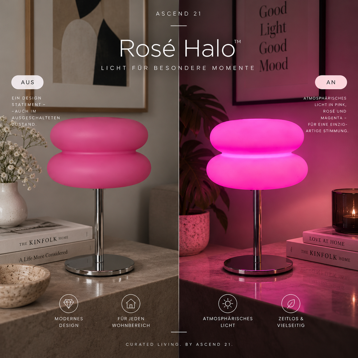 ASCEND 21 Rosé Halo™ – Pinke Design Tischlampe mit Doppel-Schirm & Chromfuß | Moderne Ambientebeleuchtung für Wohnzimmer & Schlafzimmer