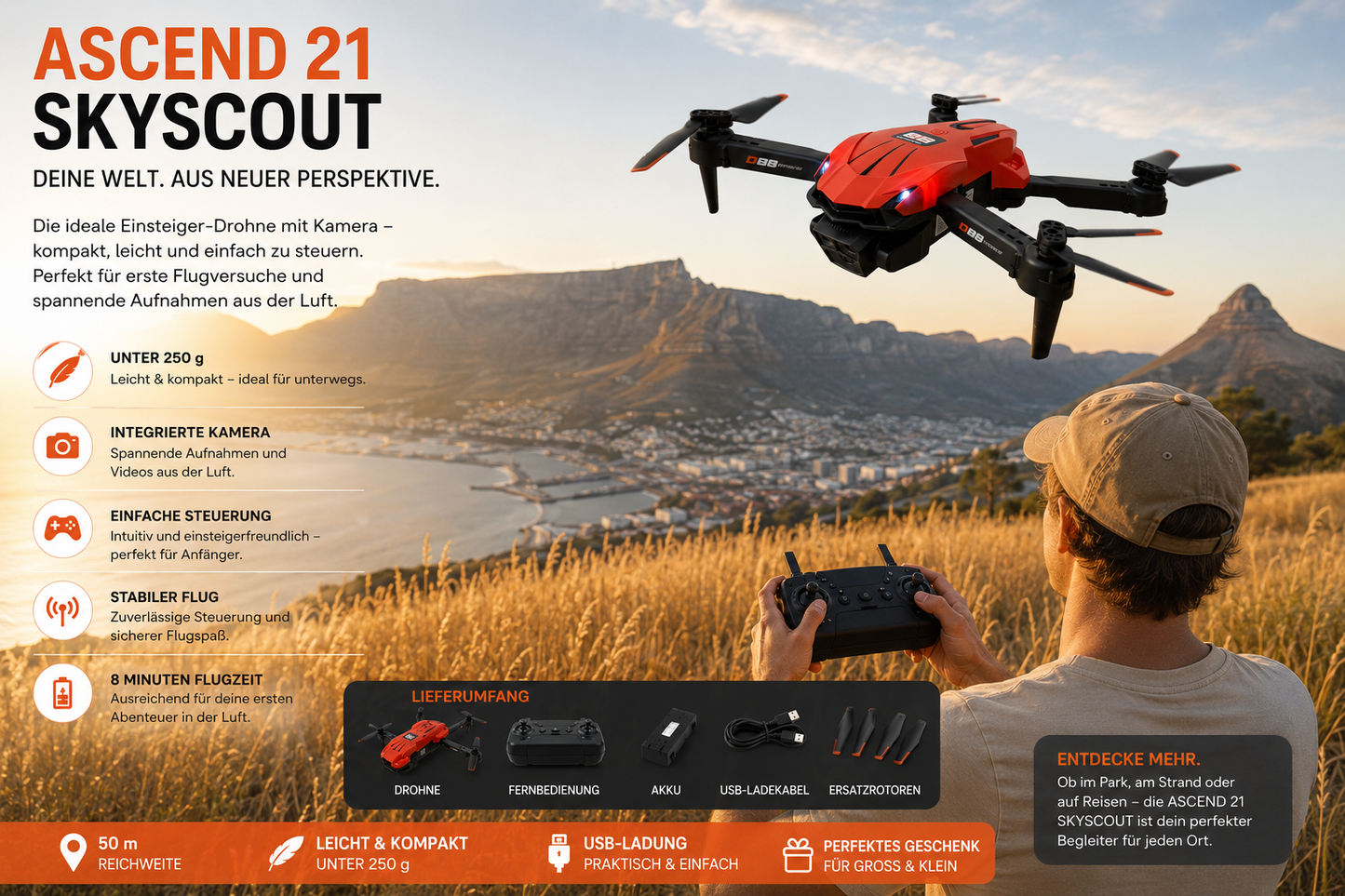 ASCEND 21 SkyScout – Mini Drohne mit Kamera für Anfänger | RC Quadrocopter mit Fernbedienung, leichtes Design, USB-Ladung, Indoor & Outdoor Flugspaß für Kinder und Erwachsene