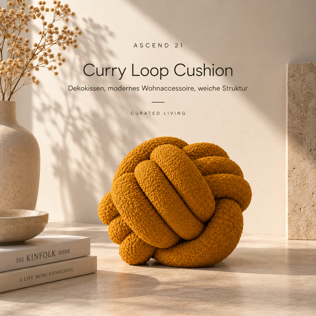Curryfarbenes Knotenkissen – ASCEND 21 ‘Curry Loop Cushion’ | Dekokissen, modernes Wohnaccessoire, weiche Struktur