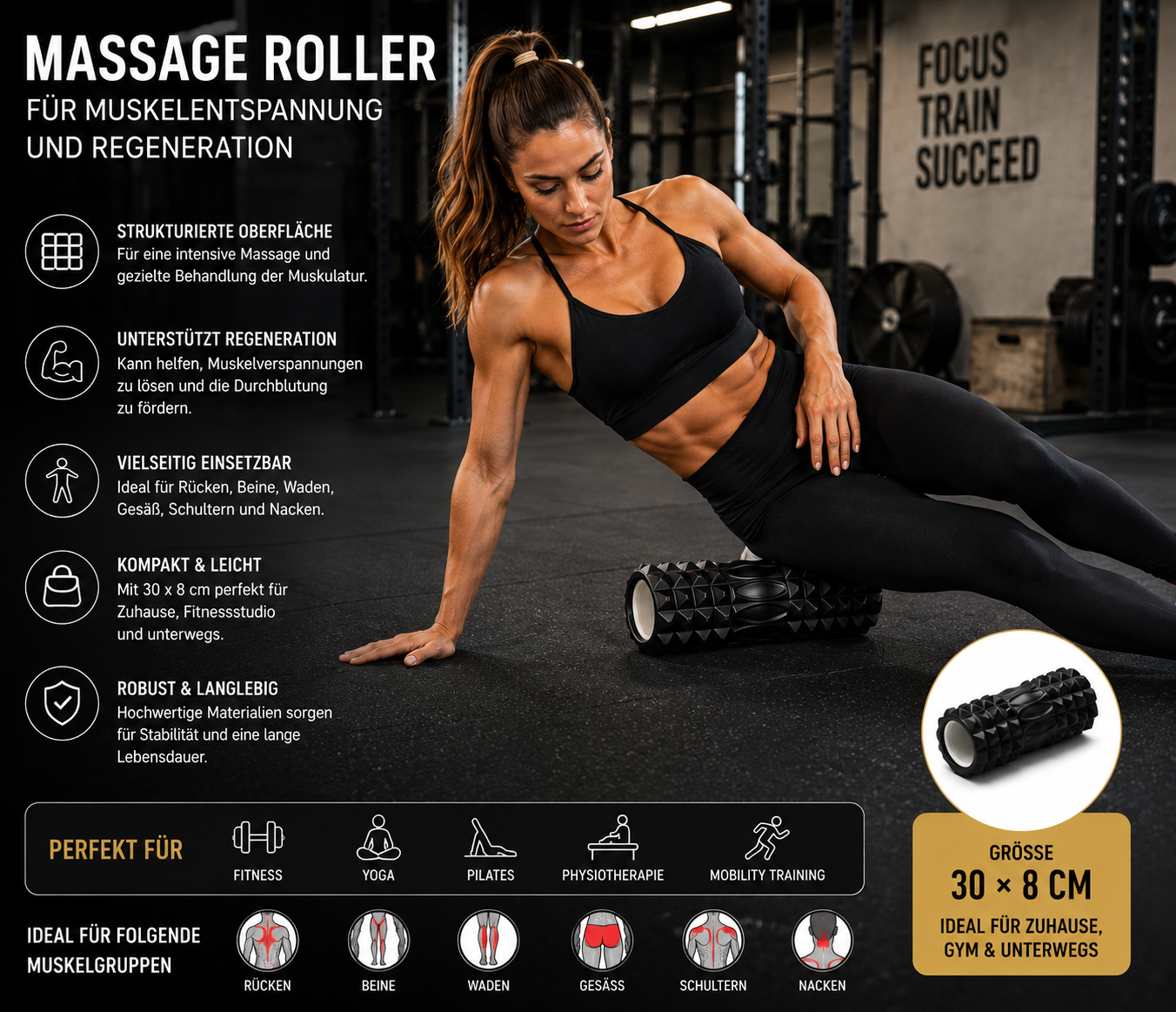 ASCEND 21 DEEPROLL™ Pro Faszienrolle 30 x 8 cm – Triggerpunkt Massage Roller für Muskelregeneration, Faszientraining und Tiefengewebe-Massage – Für Rücken, Beine, Waden, Schultern und Nacken