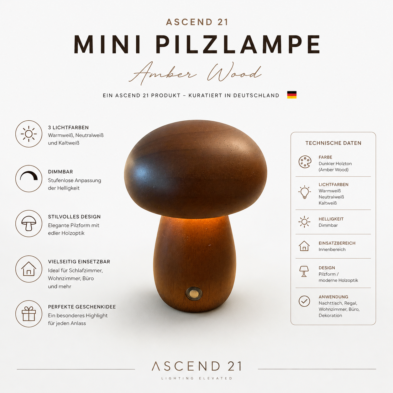 ASCEND 21 Mini Pilzlampe Amber Wood – Tischlampe im Holzdesign, warmes Licht, Retro Pilzlampe, Nachtlicht, Wohnzimmer Deko, Schlafzimmer Lampe