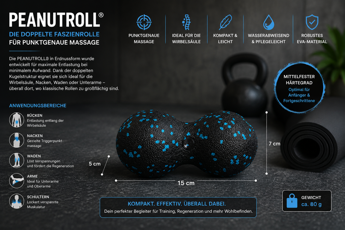 PEANUTROLL® Faszienrolle Erdnussform – Double Ball Massageball für Rücken, Nacken & Wirbelsäule – Triggerpunkt Massage zur Muskelentspannung & Regeneration – EVA Faszienball mittelfest