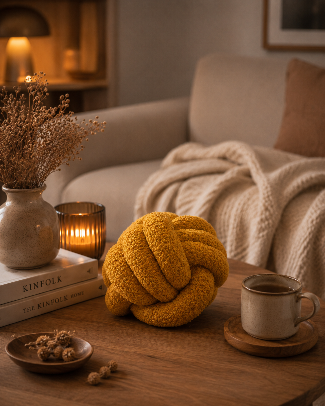 ASCEND 21 Knotenkissen Curry – Dekokissen in modernem Design, weiches Sofakissen, Zierkissen für Sofa, Bett & Wohnzimmer Deko, Curryfarbenes Wohnaccessoire