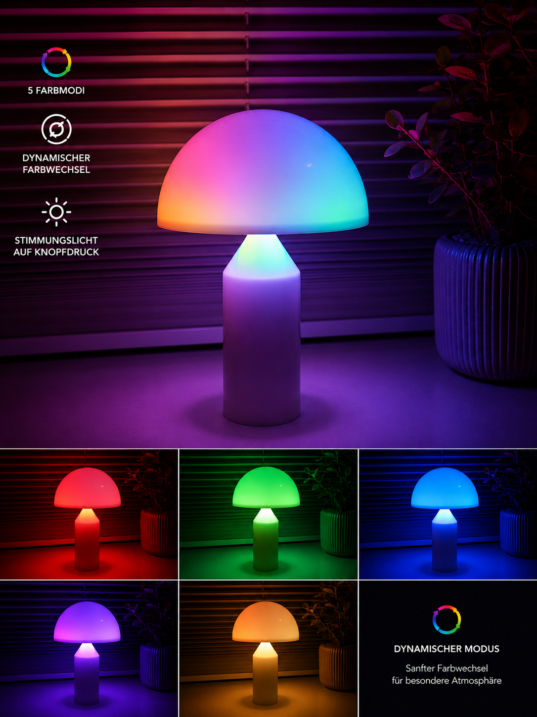 ASCEND21 Mushroom Groove Pilzlampe – Bunte LED Tischlampe mit 7 Farbmodi & Lichteffekten – Dekorative Retro Tischleuchte für Wohnzimmer, Schlafzimmer, Gaming Zimmer & Sommer Deko