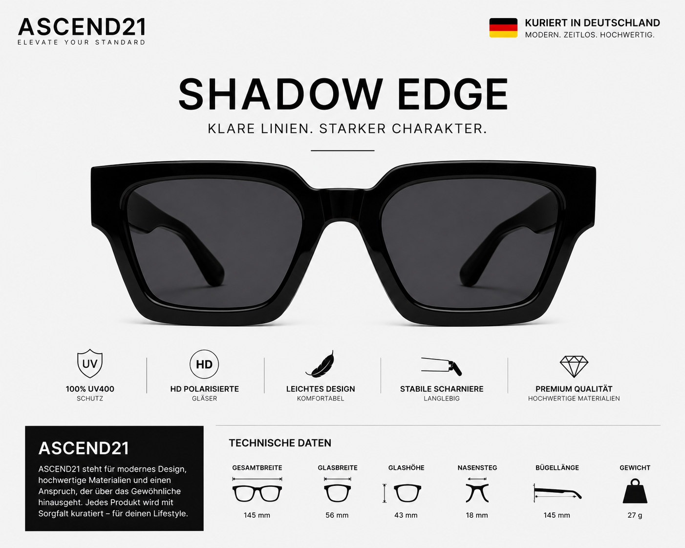 ASCEND21 Shadow Edge Sonnenbrille – Unisex Sonnenbrille mit markantem schwarzem Rahmen – Moderne kantige Sonnenbrille für Alltag, Reisen, Freizeit & City-Looks