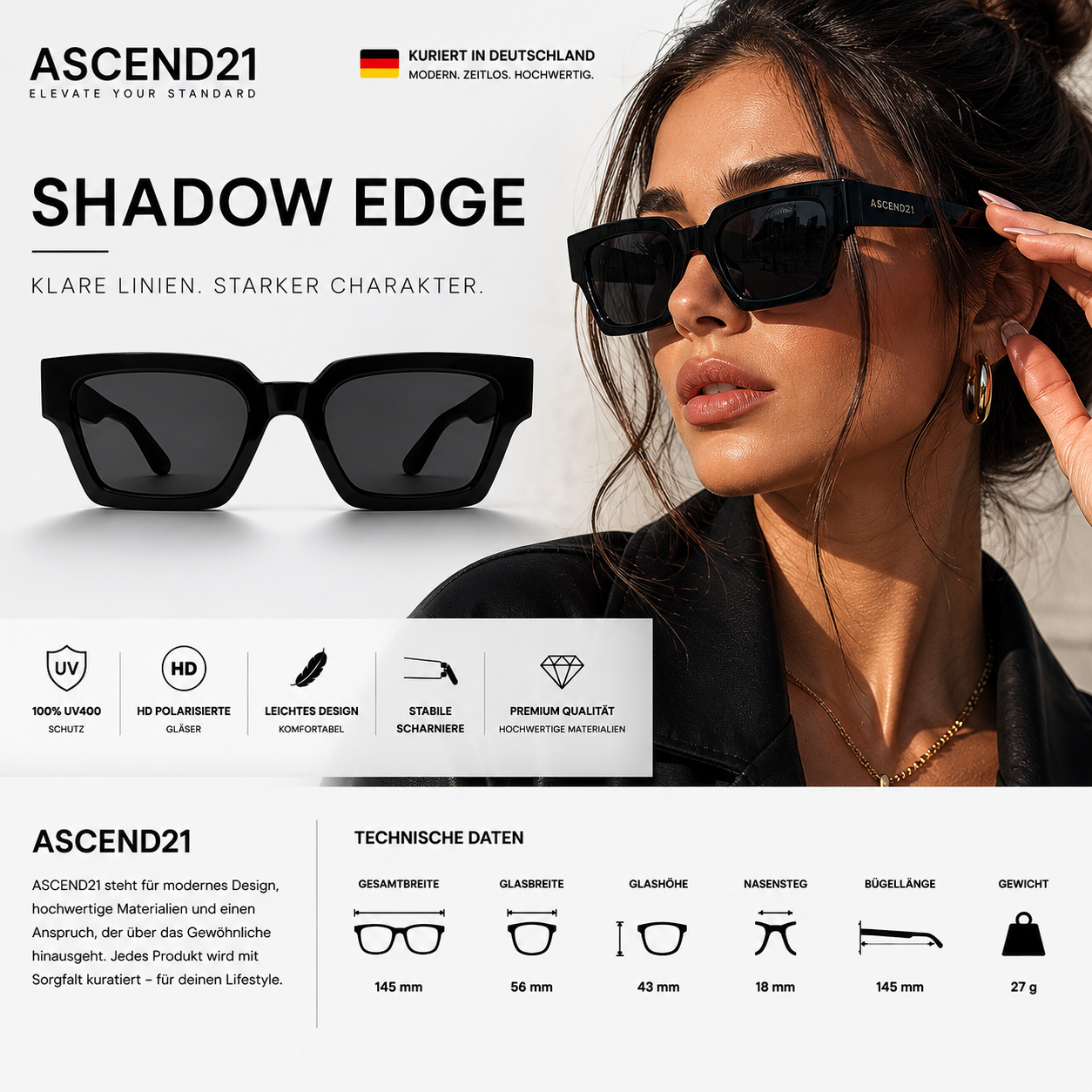 ASCEND21 Shadow Edge Sonnenbrille – Unisex Sonnenbrille mit markantem schwarzem Rahmen – Moderne kantige Sonnenbrille für Alltag, Reisen, Freizeit & City-Looks