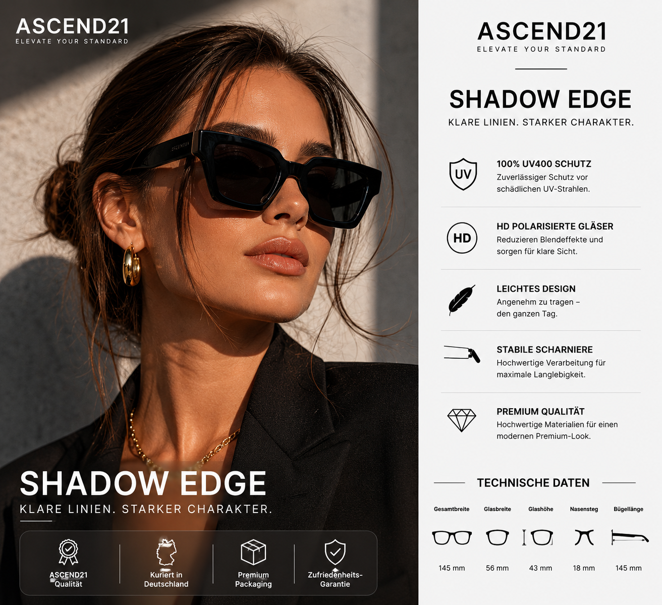 ASCEND21 Shadow Edge Sonnenbrille – Unisex Sonnenbrille mit markantem schwarzem Rahmen – Moderne kantige Sonnenbrille für Alltag, Reisen, Freizeit & City-Looks