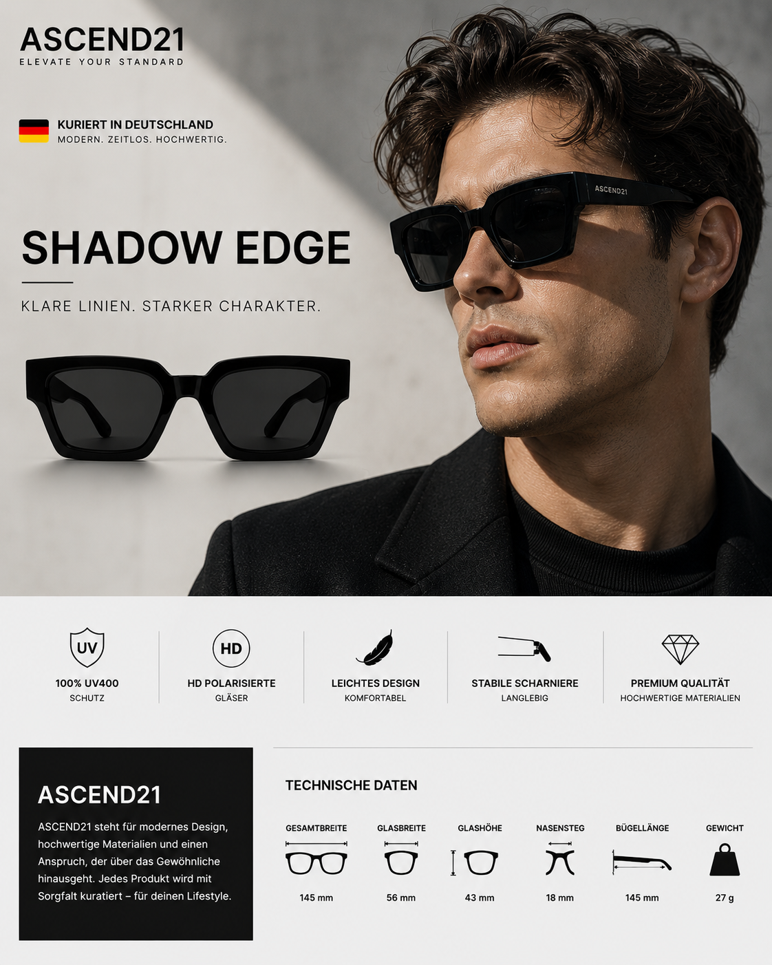 ASCEND21 Shadow Edge Sonnenbrille – Unisex Sonnenbrille mit markantem schwarzem Rahmen – Moderne kantige Sonnenbrille für Alltag, Reisen, Freizeit & City-Looks