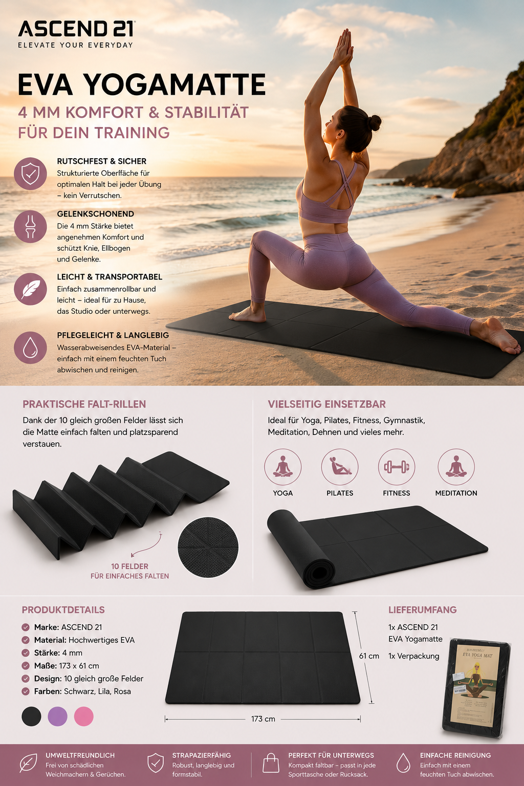 ASCEND 21 Yogamatte EVA 4 mm – Rutschfeste Fitnessmatte für Yoga, Pilates & Gymnastik – Trainingsmatte Schwarz 173 x 61 cm – Leicht, Pflegeleicht & Gelenkschonend
