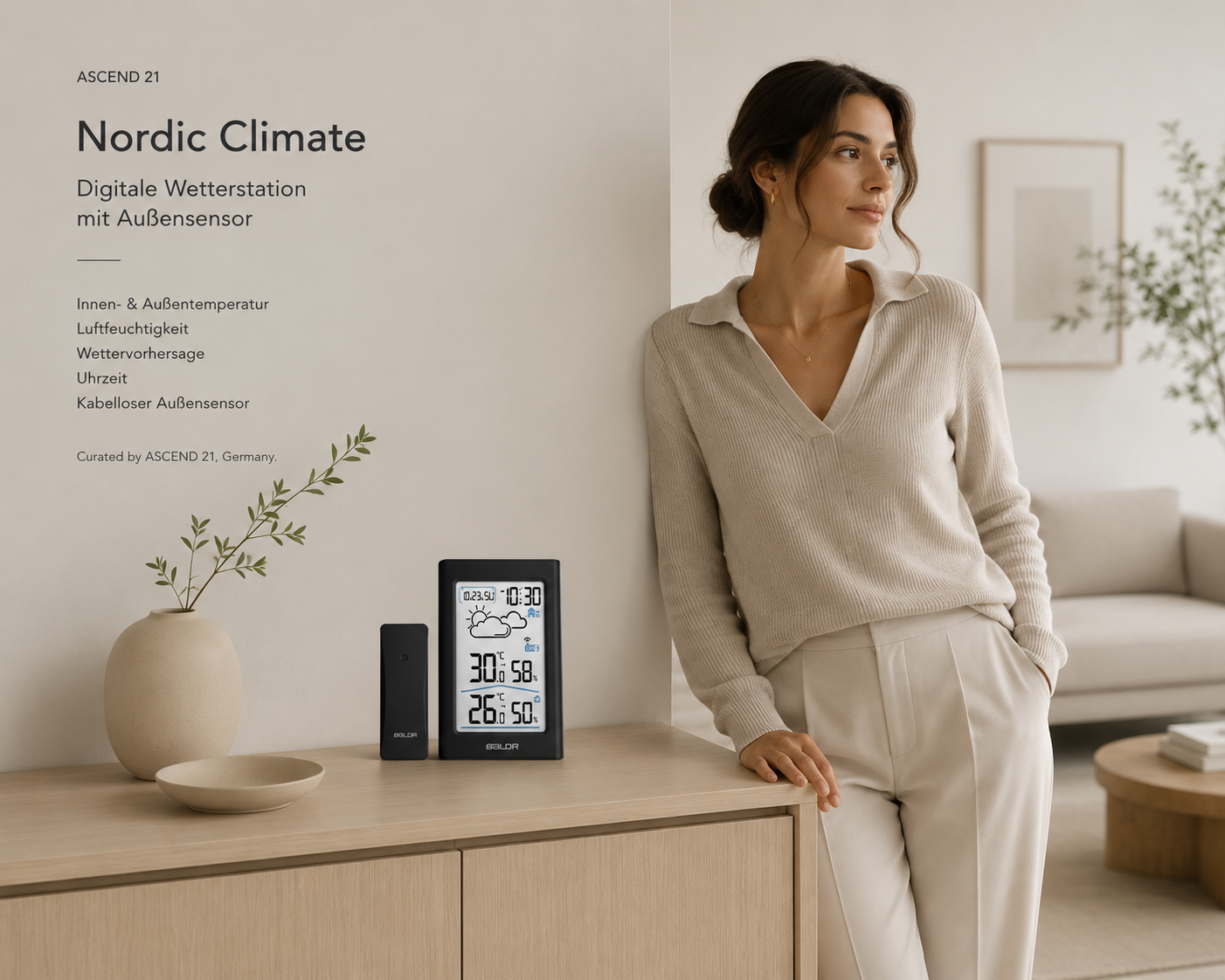 ASCEND 21 Nordic Climate Digitale Wetterstation mit Außensensor – Funkwetterstation mit Thermometer; Hygrometer – Innen- und Außentemperatur, Luftfeuchtigkeit, Uhrzeit; Wetteranzeige – Schwarz