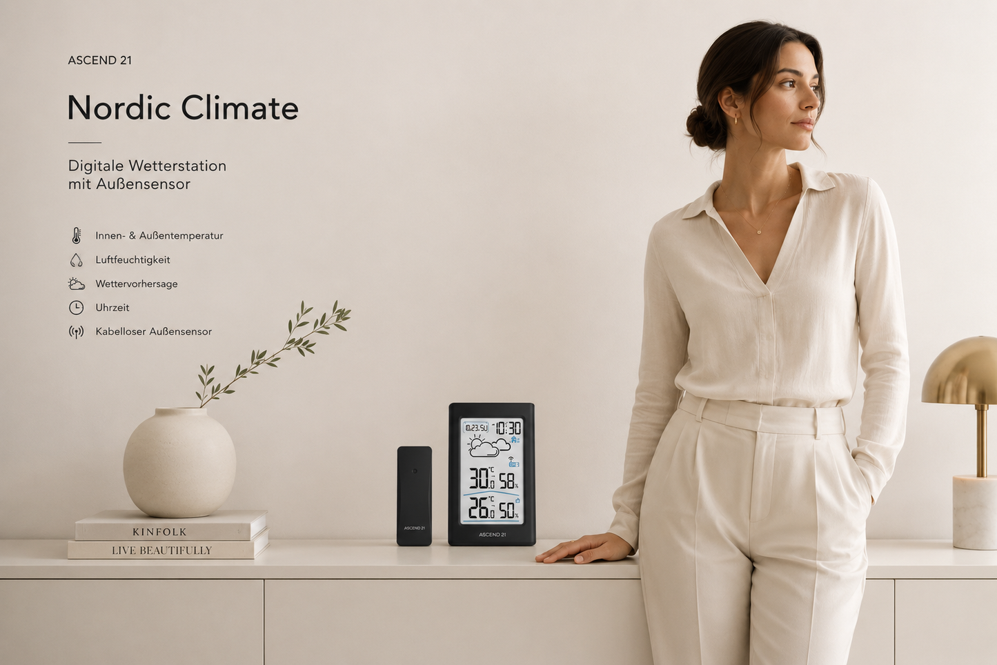 ASCEND 21 Nordic Climate Digitale Wetterstation mit Außensensor – Funkwetterstation mit Thermometer; Hygrometer – Innen- und Außentemperatur, Luftfeuchtigkeit, Uhrzeit; Wetteranzeige – Schwarz