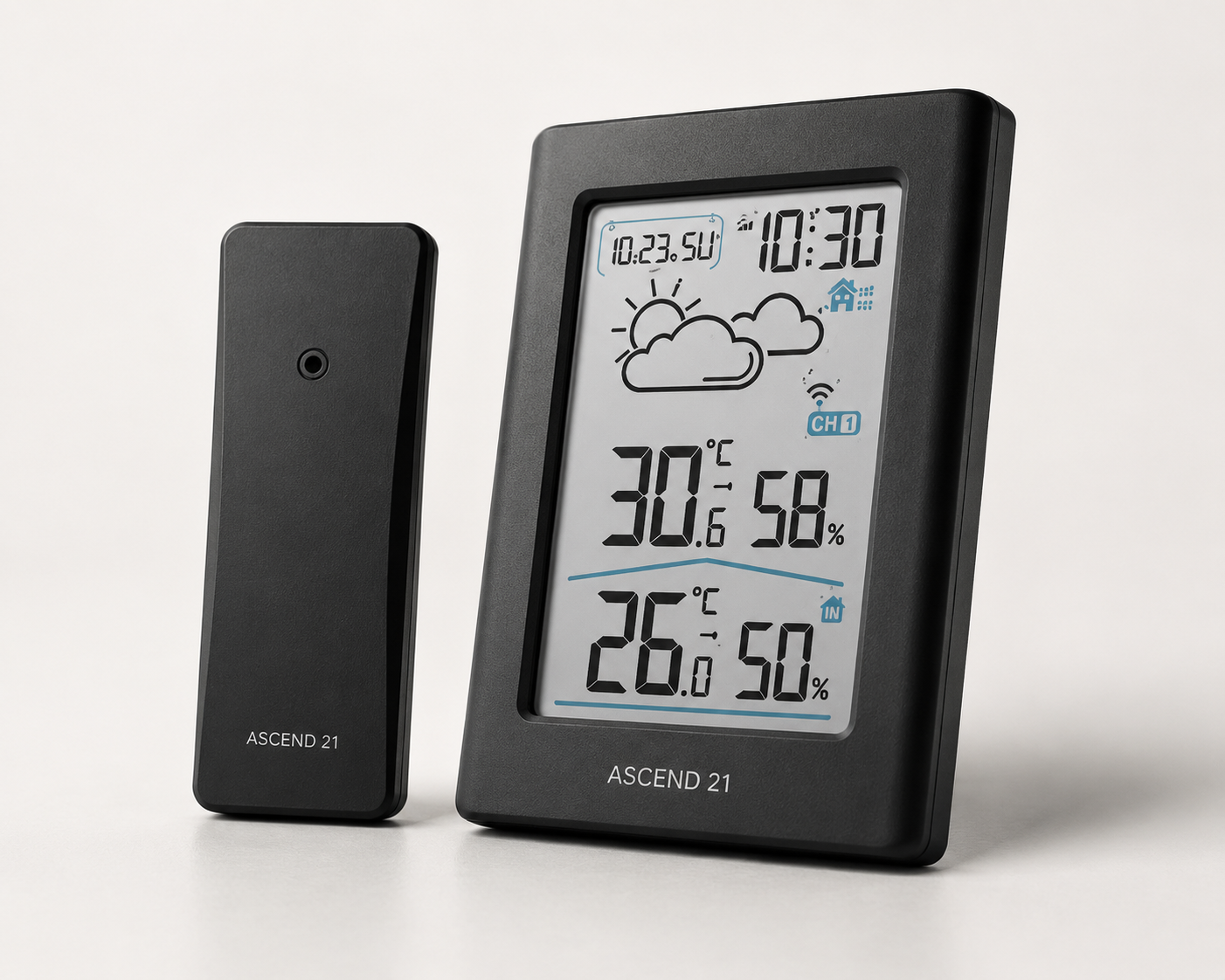 ASCEND 21 Nordic Climate Digitale Wetterstation mit Außensensor – Funkwetterstation mit Thermometer; Hygrometer – Innen- und Außentemperatur, Luftfeuchtigkeit, Uhrzeit; Wetteranzeige – Schwarz