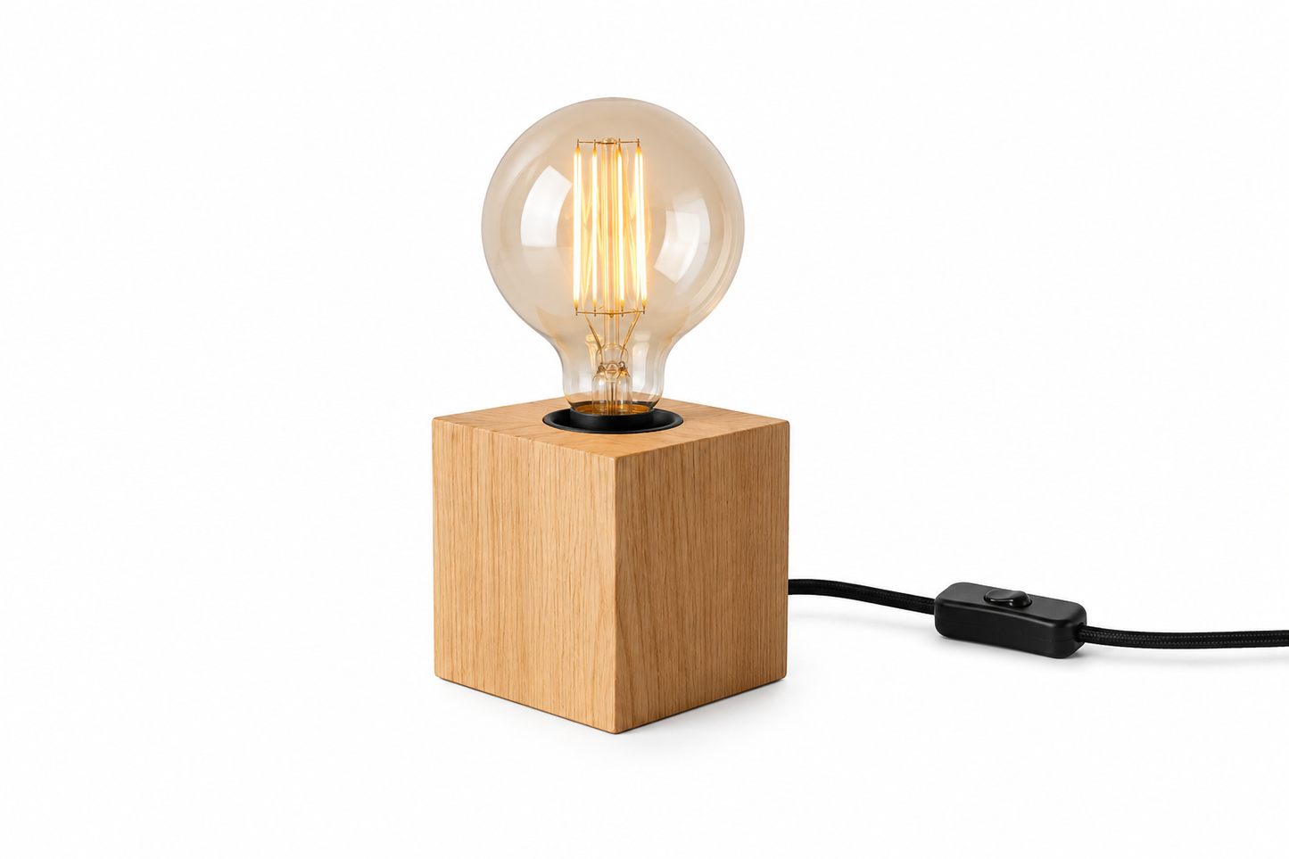 ASCEND 21 Nordic Cube E27 Tischlampenbasis aus Holz – Minimalistischer Lampenfuß mit Kabel & Schalter – Naturholz – Leuchtmittel nicht enthalten
