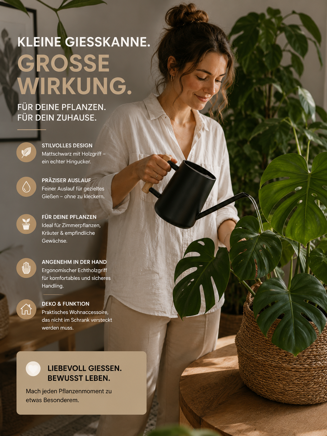ASCEND 21 NoirFlow™ Design Gießkanne – Mattschwarze Metall Gießkanne mit Echtholzgriff | Elegantes Pflanzen Zubehör für Zimmerpflanzen | Skandi, Japandi & Urban Jungle Wohnaccessoire