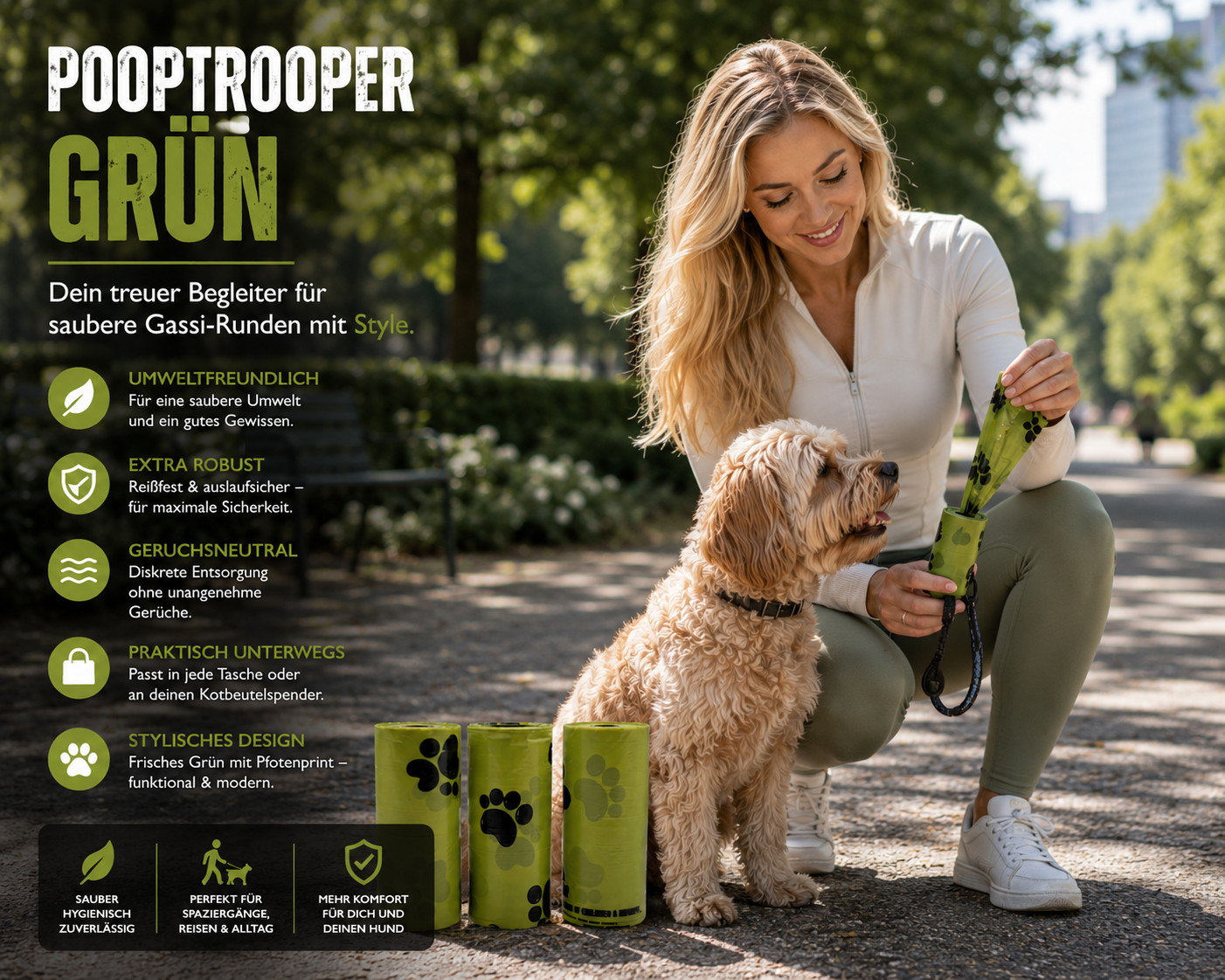 PoopTrooper™ Grün Hundekotbeutel – robuste & geruchsneutrale Kotbeutel für Hunde | Reißfeste Gassi-Beutel | Praktisches Hundezubehör für Spaziergänge & Reisen
