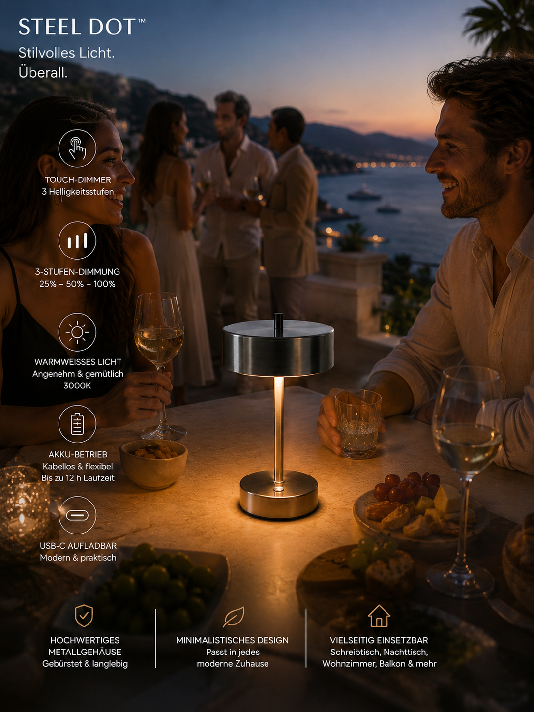 ASCEND21 Steel Dot™ LED Tischlampe aus Metall – Akku Tischleuchte mit Touch-Dimmer, Warmweißes Licht, USB-C Aufladbar, Kabellose Designlampe für Schreibtisch, Nachttisch, Balkon & Wohnzimmer