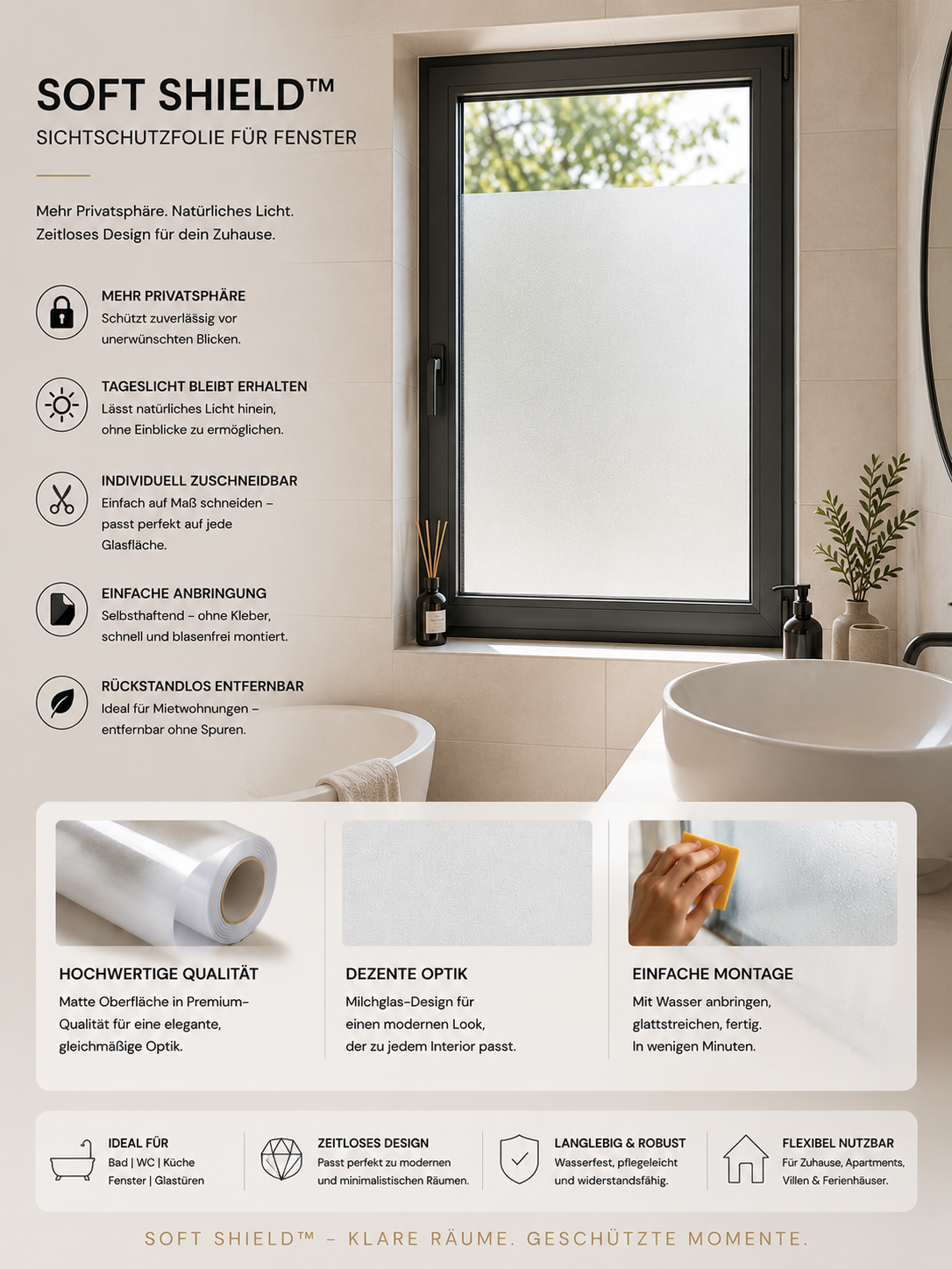 SOFT SHIELD™ Sichtschutzfolie Fenster – Milchglasfolie selbsthaftend | Mattierte Fensterfolie ohne Kleber | Blickschutz für Bad, Büro & Glastüren | Zuschneidbar & rückstandslos entfernbar