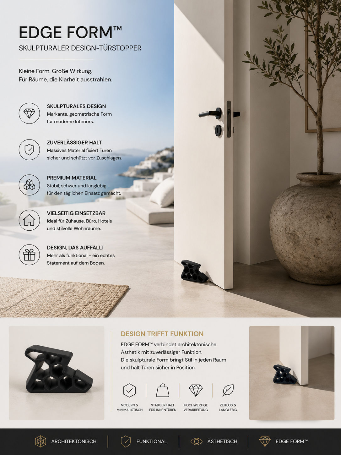EDGE FORM™ Design Türstopper – Moderner Boden-Türhalter mit skulpturaler Form | Schwerer Türkeil für Innentüren | Minimalistisches Wohnaccessoire für Zuhause, Büro & Interior Design