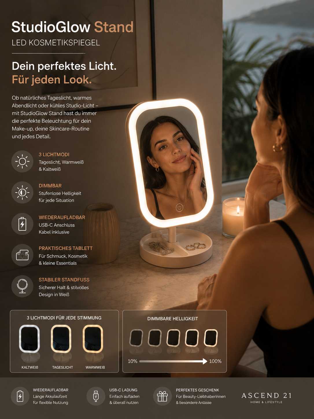 StudioGlow Stand LED Kosmetikspiegel mit Beleuchtung – Großer Schminkspiegel mit Standfuß – Dimmbarer Make-up Spiegel mit verschiedenen Lichtmodi – Wiederaufladbar USB-C – Weiß