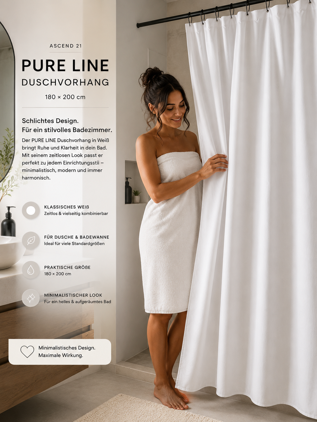 ASCEND 21 PURE LINE Duschvorhang Weiß 180 × 200 cm – Moderner Badezimmer Vorhang | Minimalistischer Badvorhang für Dusche & Badewanne | Schlichtes Design für Bad, Gäste-WC & Zuhause