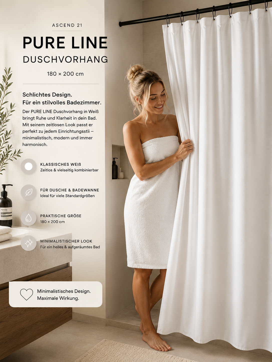ASCEND 21 PURE LINE Duschvorhang Weiß 180 × 200 cm – Moderner Badezimmer Vorhang | Minimalistischer Badvorhang für Dusche & Badewanne | Schlichtes Design für Bad, Gäste-WC & Zuhause