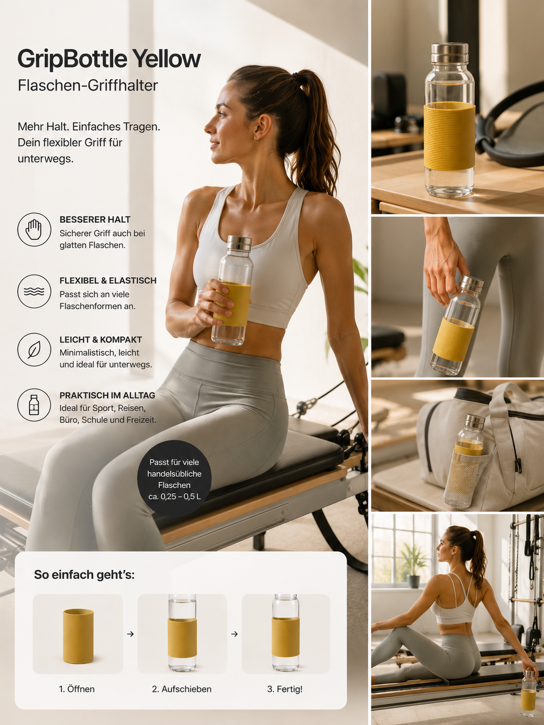 ASCEND 21 GripBottle Yellow™ Flaschen-Tragegriff aus flexiblem Silikon – Universeller Griffhalter für Trinkflaschen | Rutschfester Flaschenhalter für Wasserflaschen & Sportflaschen | Praktischer Flaschen-Griff Gelb