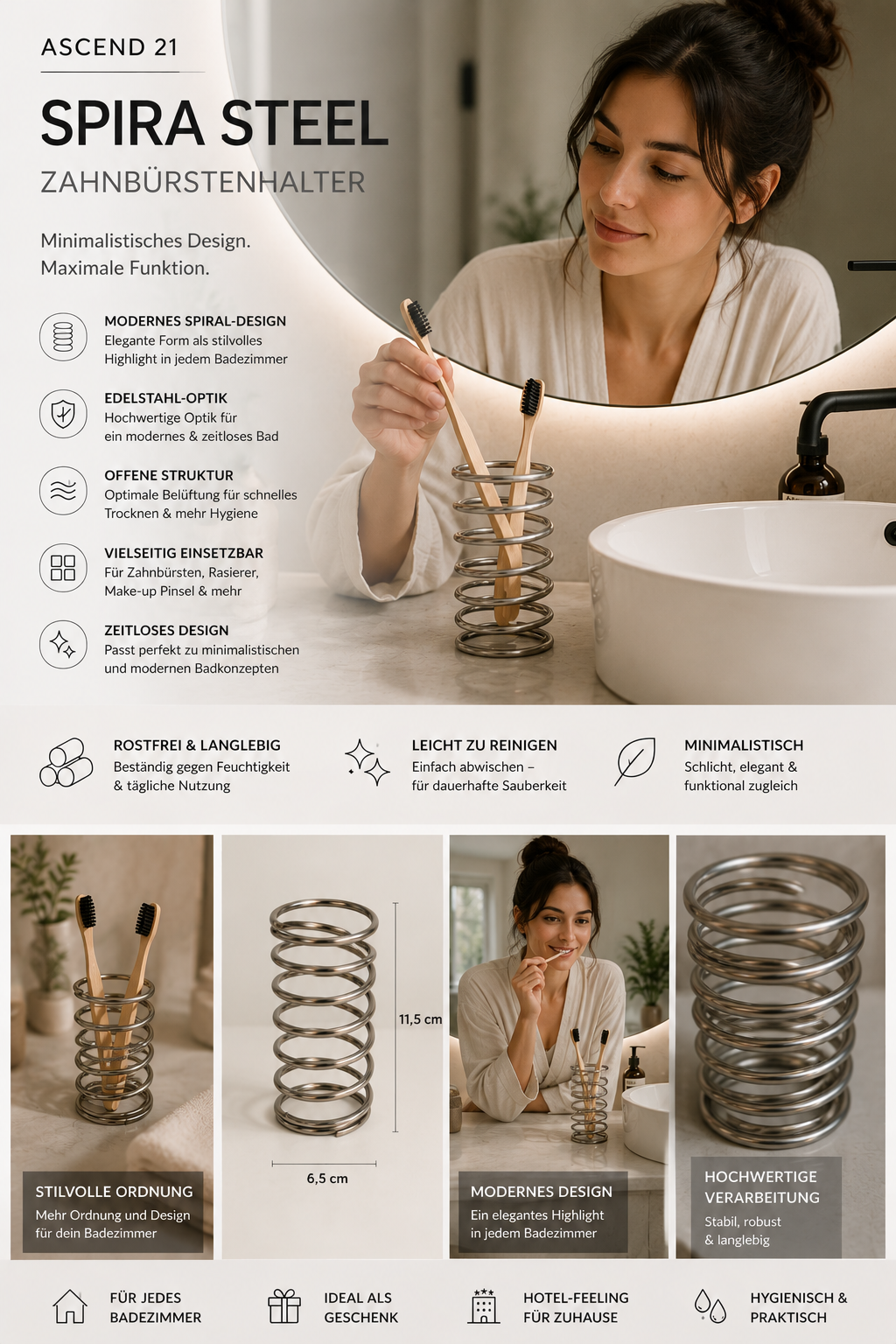 ASCEND 21 SPIRA STEEL Zahnbürstenhalter Edelstahl-Optik – Moderner Spiral Zahnbürstenständer fürs Badezimmer | Minimalistischer Bad Organizer für Zahnbürsten & Badaccessoires | Offenes Design für gute Belüftung