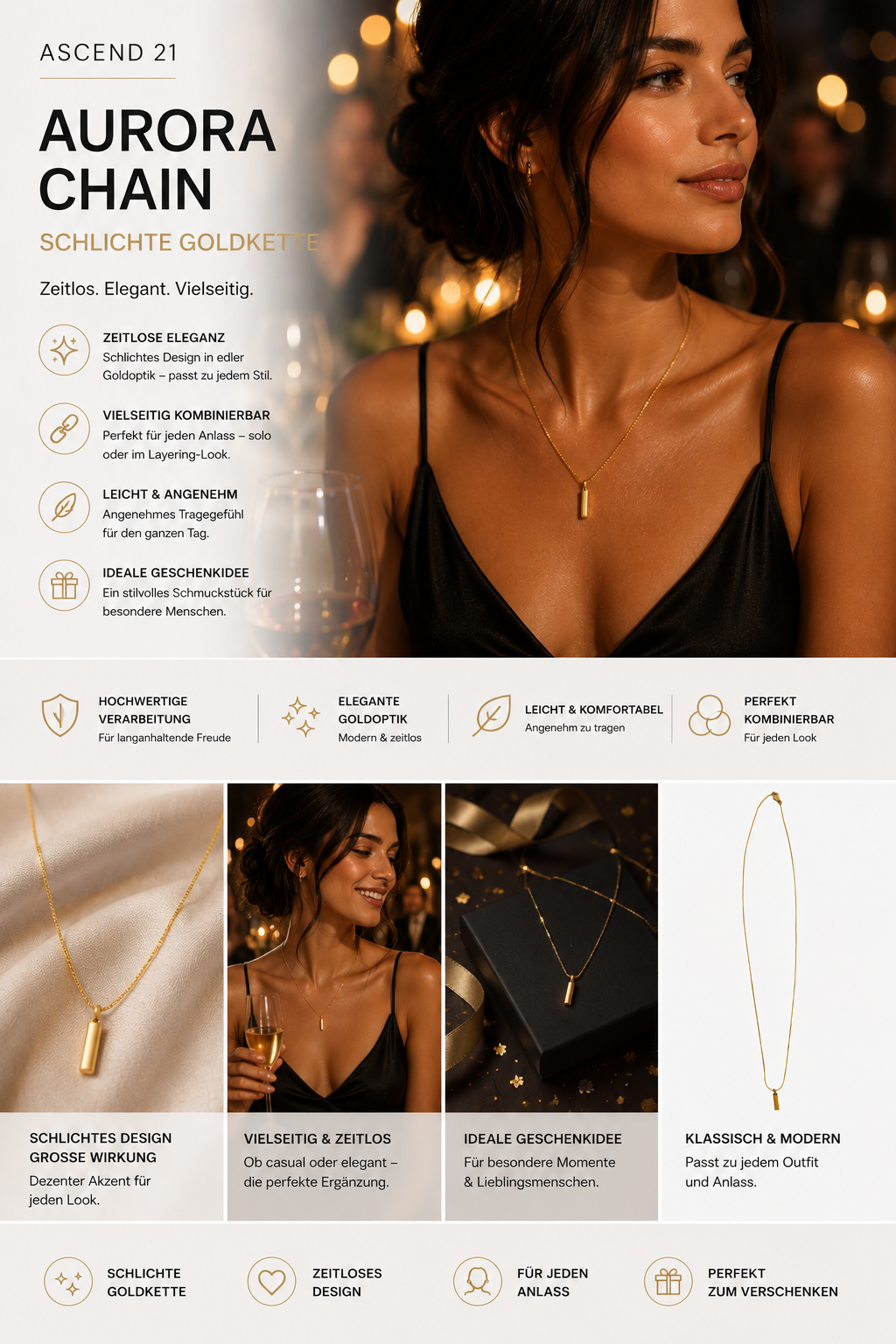 ASCEND 21 Aurora Chain Goldkette Damen – Schlichte Halskette in Goldoptik | Minimalistische Basic Kette für Alltag & elegante Outfits | Zeitloses Schmuck Accessoire für Damen