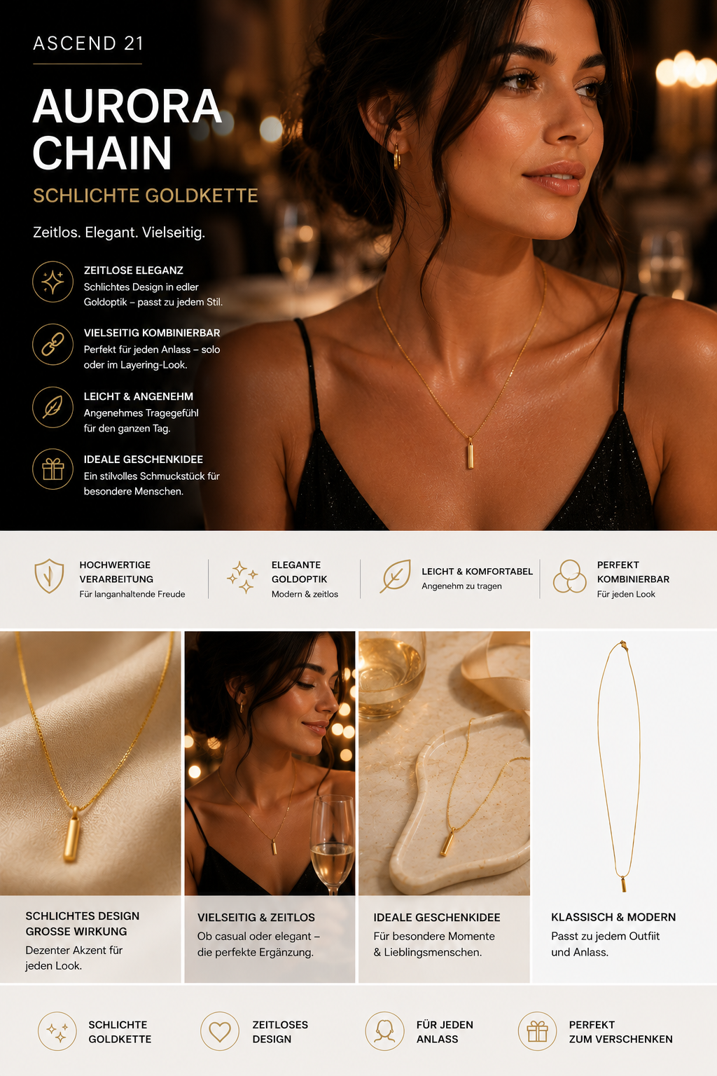 ASCEND 21 Aurora Chain Goldkette Damen – Schlichte Halskette in Goldoptik | Minimalistische Basic Kette für Alltag & elegante Outfits | Zeitloses Schmuck Accessoire für Damen