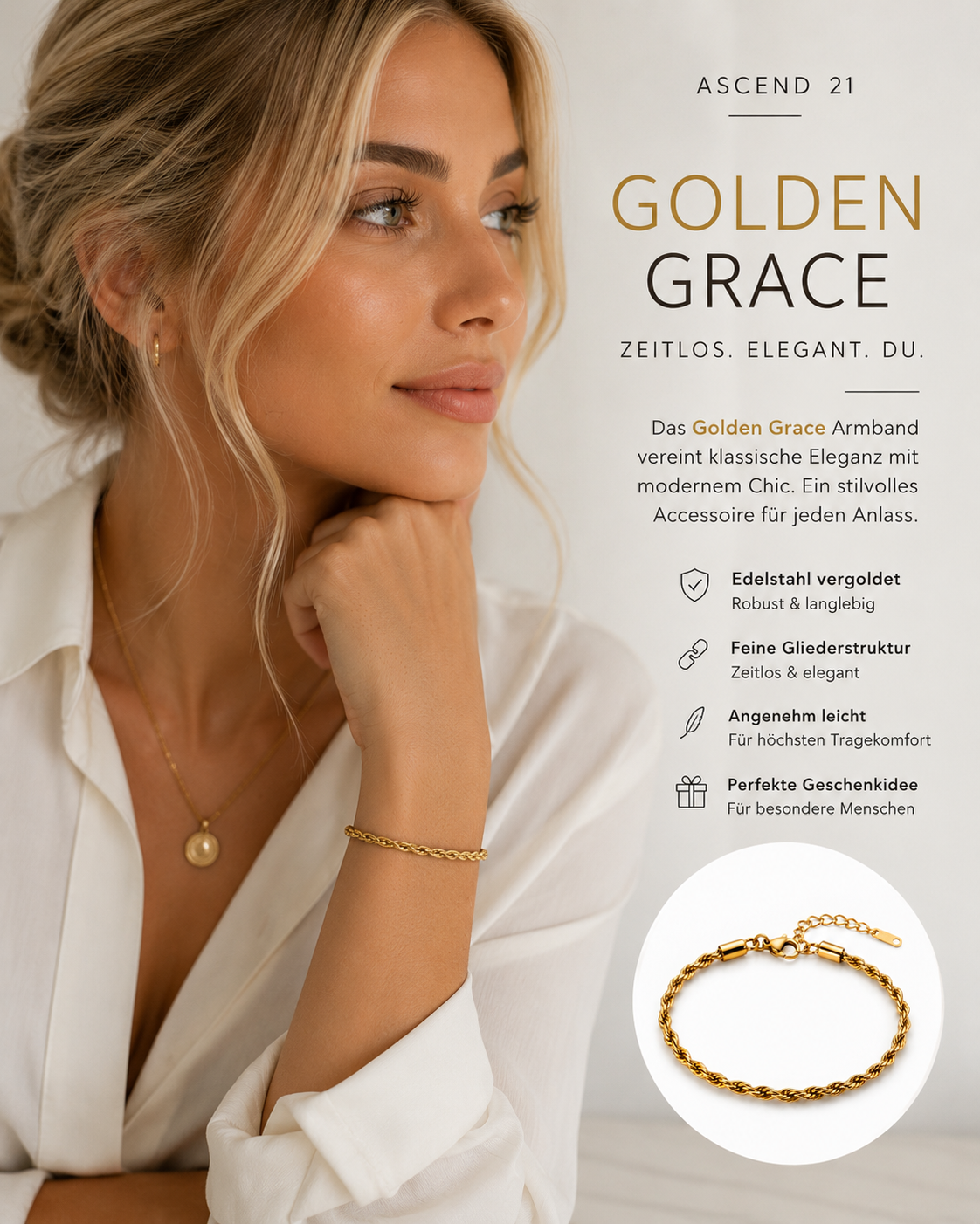 ASCEND 21 Golden Grace Armband Damen – Edelstahl vergoldet | Elegantes Gold Armband mit feiner Gliederstruktur | Zeitloses Schmuck Accessoire für Alltag, Business & besondere Anlässe