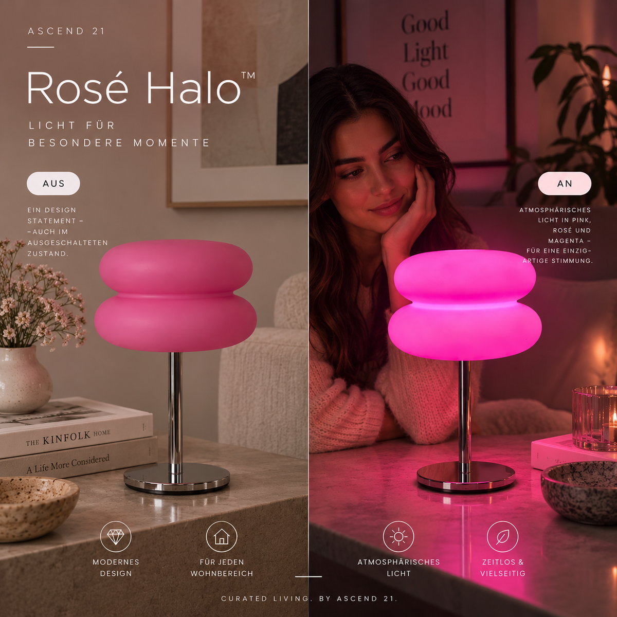 ASCEND 21 Rosé Halo™ – Pinke Design Tischlampe mit Doppel-Schirm & Chromfuß | Moderne Ambientebeleuchtung für Wohnzimmer & Schlafzimmer