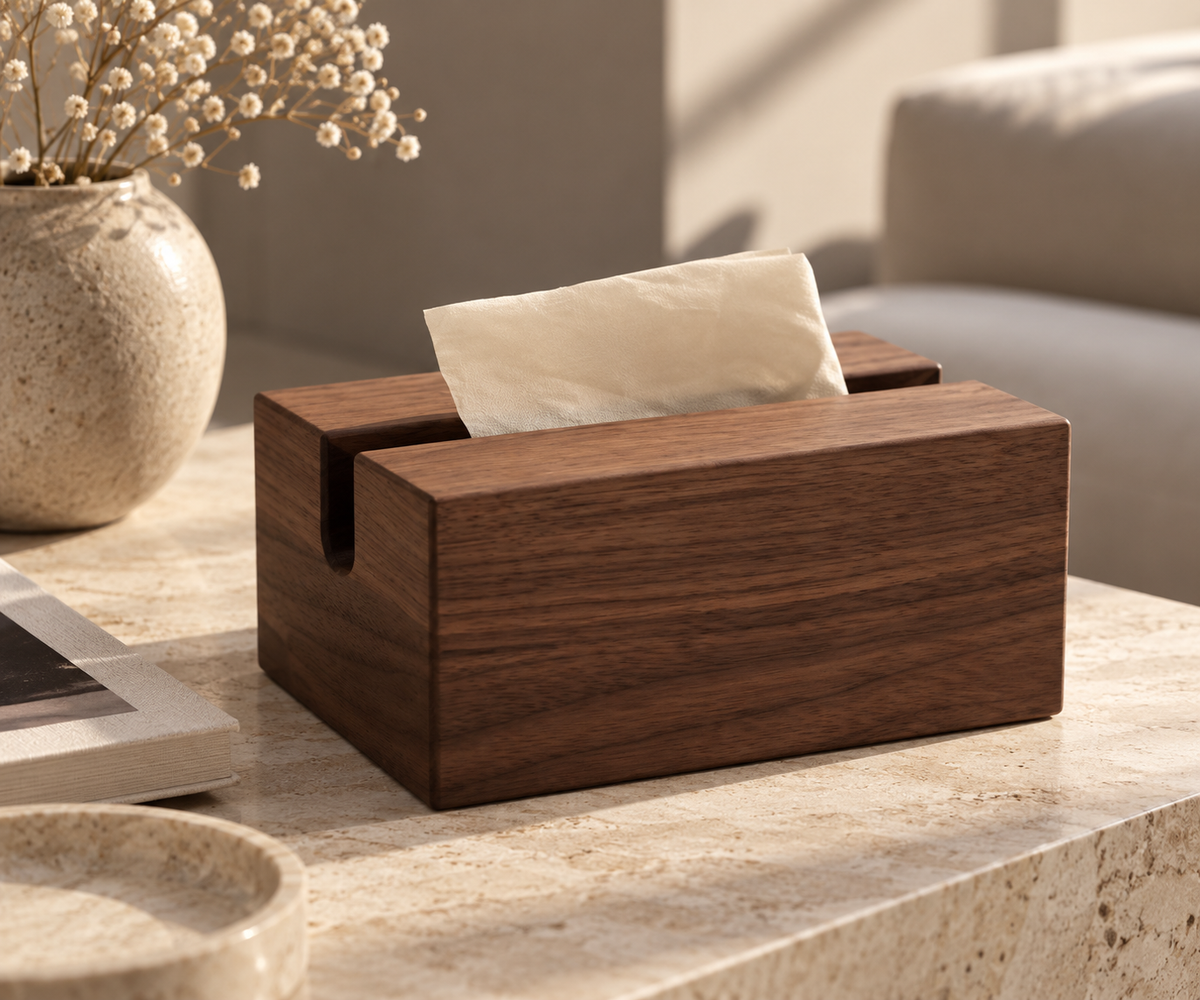 ASCEND 21 Nordic Tissue Walnut – Taschentuchbox aus Holz in Walnuss-Optik – Rechteckiger Taschentuchspender mit Schlitzöffnung – Minimalistische Kosmetiktuchbox für Badezimmer, Wohnzimmer, Schlafzimmer & Büro – 19,5 × 12 × 8,5 cm