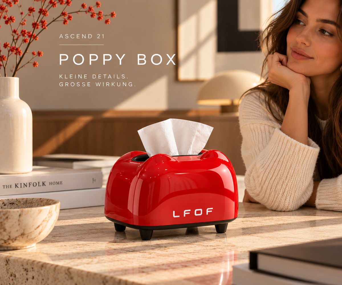 ASCEND 21 Poppy Box Taschentuchbox Rot – Retro Design Taschentuchspender mit Hochglanz-Optik – Dekorative Kosmetiktücherbox für Wohnzimmer, Schlafzimmer, Bad & Büro